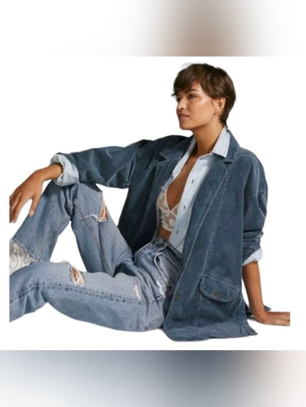 Anthropologie PILCRO Oversized Corduroy Blazer Jacket Coat Shacket Blue XS , NEW - Picture 2 of 7